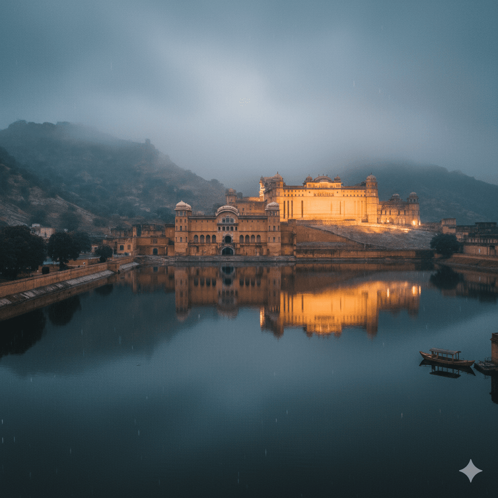 "Amer Fort Jaipur glowing under a misty monsoon sky with a full Maota Lake; AI-generated."