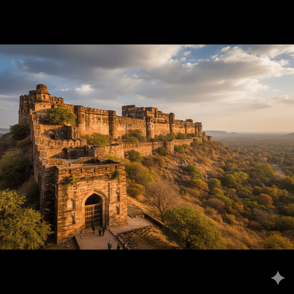 AI generated image of the ancient stone ramparts of Ranthambore Fort against a blue sky. Sawai Madhopur Travel Guide