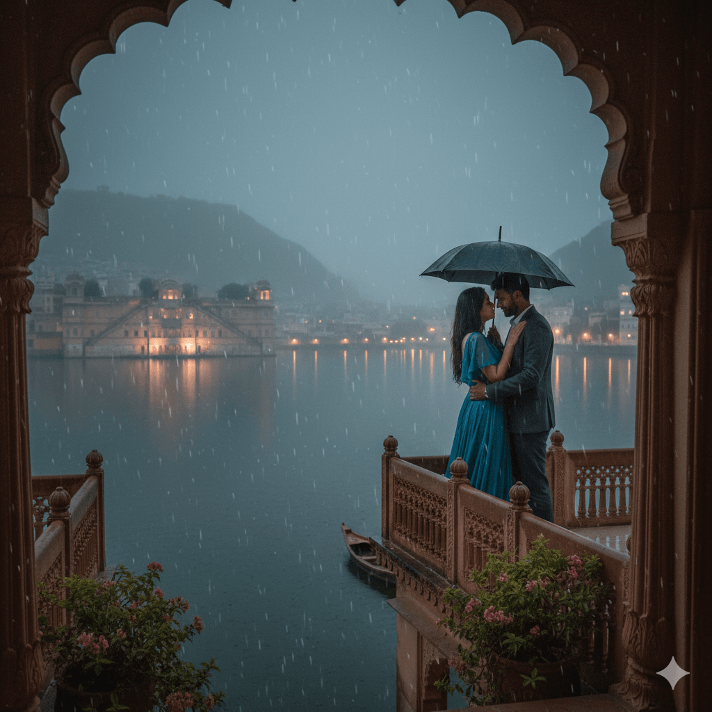 "Romantic couple with an umbrella at a lakeside balcony in Udaipur during Rajasthan off-season travel; AI-generated." Rajasthan Off-Season Travel