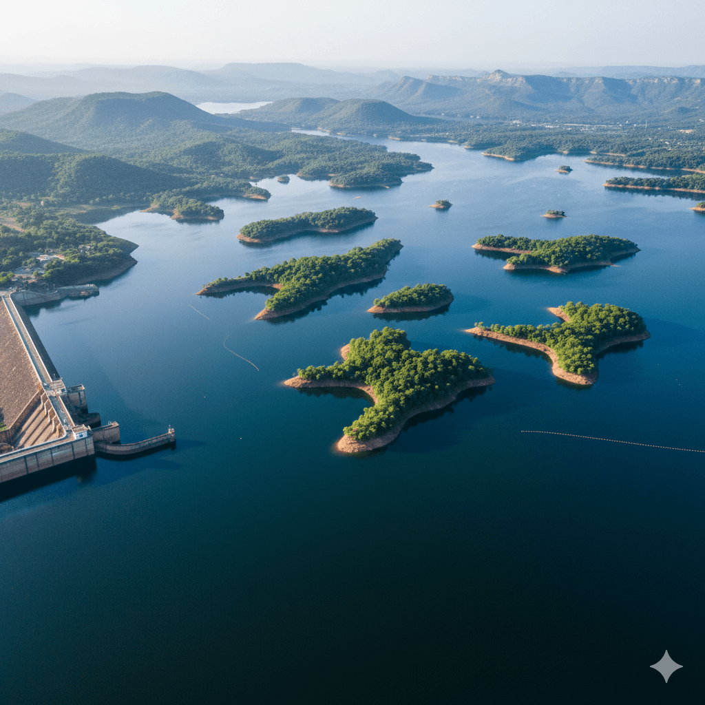 AI-generated aerial view of Mahi Dam islands.