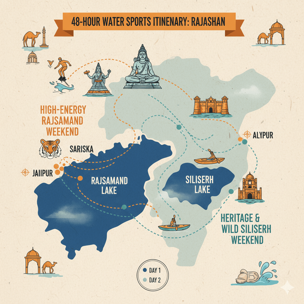 ai generated image of a stylized travel itinerary map graphic, outlining a 48-hour plan for exploring nearby attractions