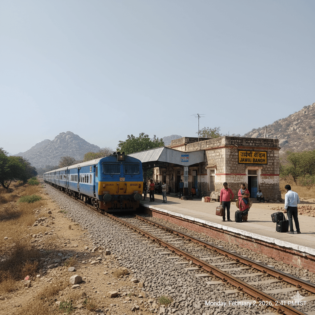 ai generated image: Rustic Jawai Bandh railway station, a key logistical point for reaching your Jawai Leopard Safari 2026 destination