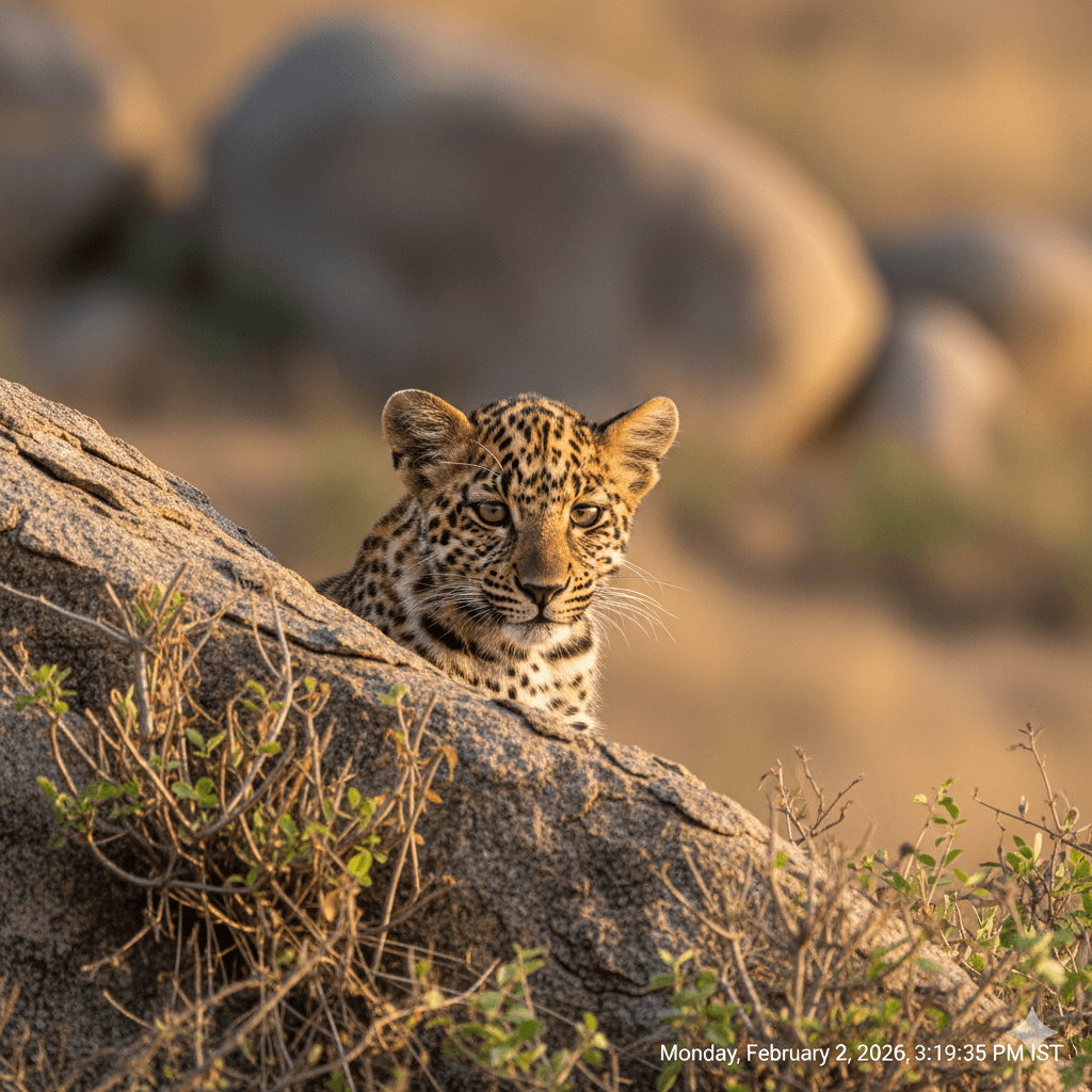 ai generated image: Captivating leopard cub peeking from behind a rock, a memorable highlight and its conservation success