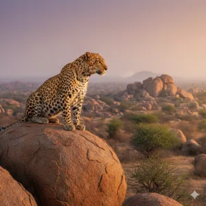 ai generated image: Majestic Jawai leopard resting on a granite rock, symbolizing the unique Jawai Leopard Safari 2026 experience in Rajasthan