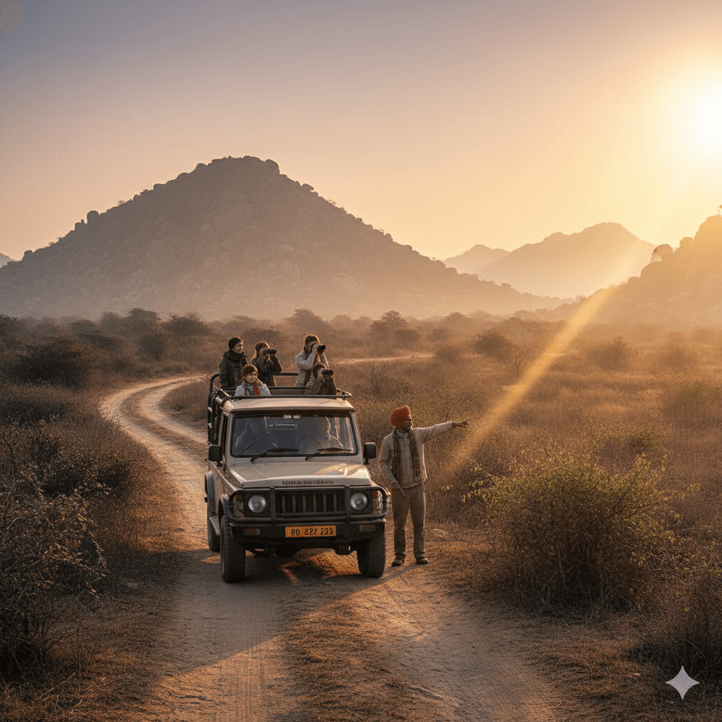 ai generated image: Safari jeep at sunrise in Jawai, illustrating the best time for wildlife viewing