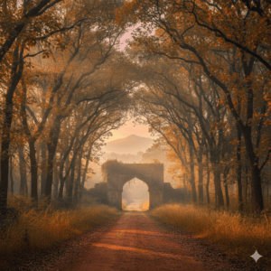 AI-generated cinematic landscape of Pratapgarh teak forests.