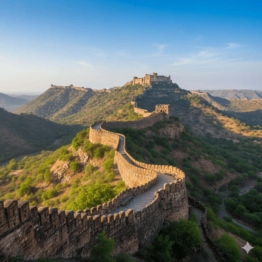 ai generated image of the ancient, winding walls of Kumbhalgarh Fort stretching across hills, highlighting historical places near water sports in Rajasthan.
