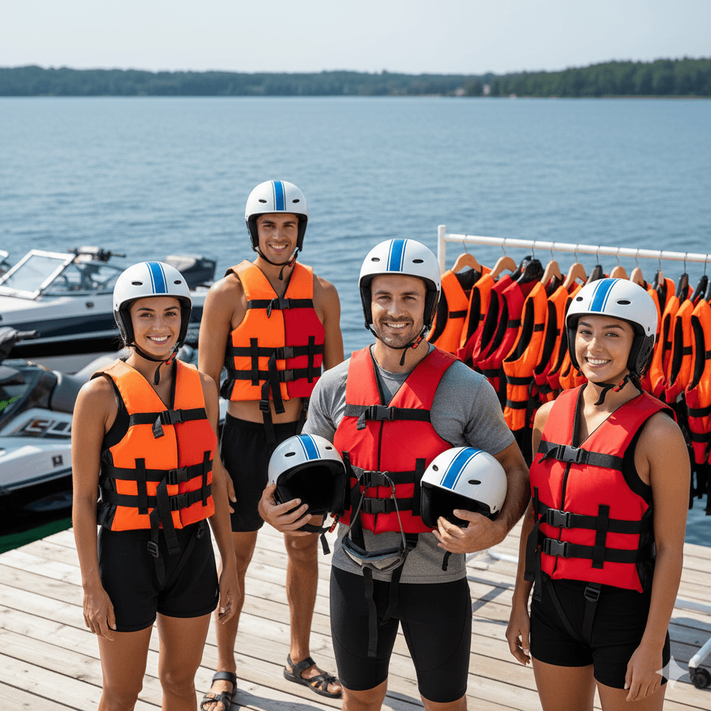 ai generated image of neatly arranged life jackets and safety gear, providing important information