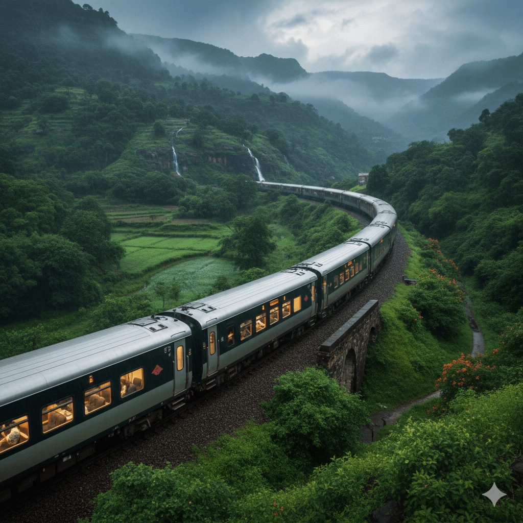 "Modern luxury train traveling through the lush green Aravalli hills of Rajasthan in July; AI-generated."