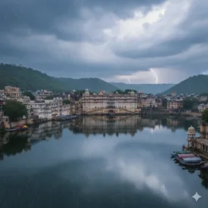 Cinematic aerial view of Udaipur City Palace reflected in a full Lake Pichola during Rajasthan off-season travel monsoon; AI-generated.