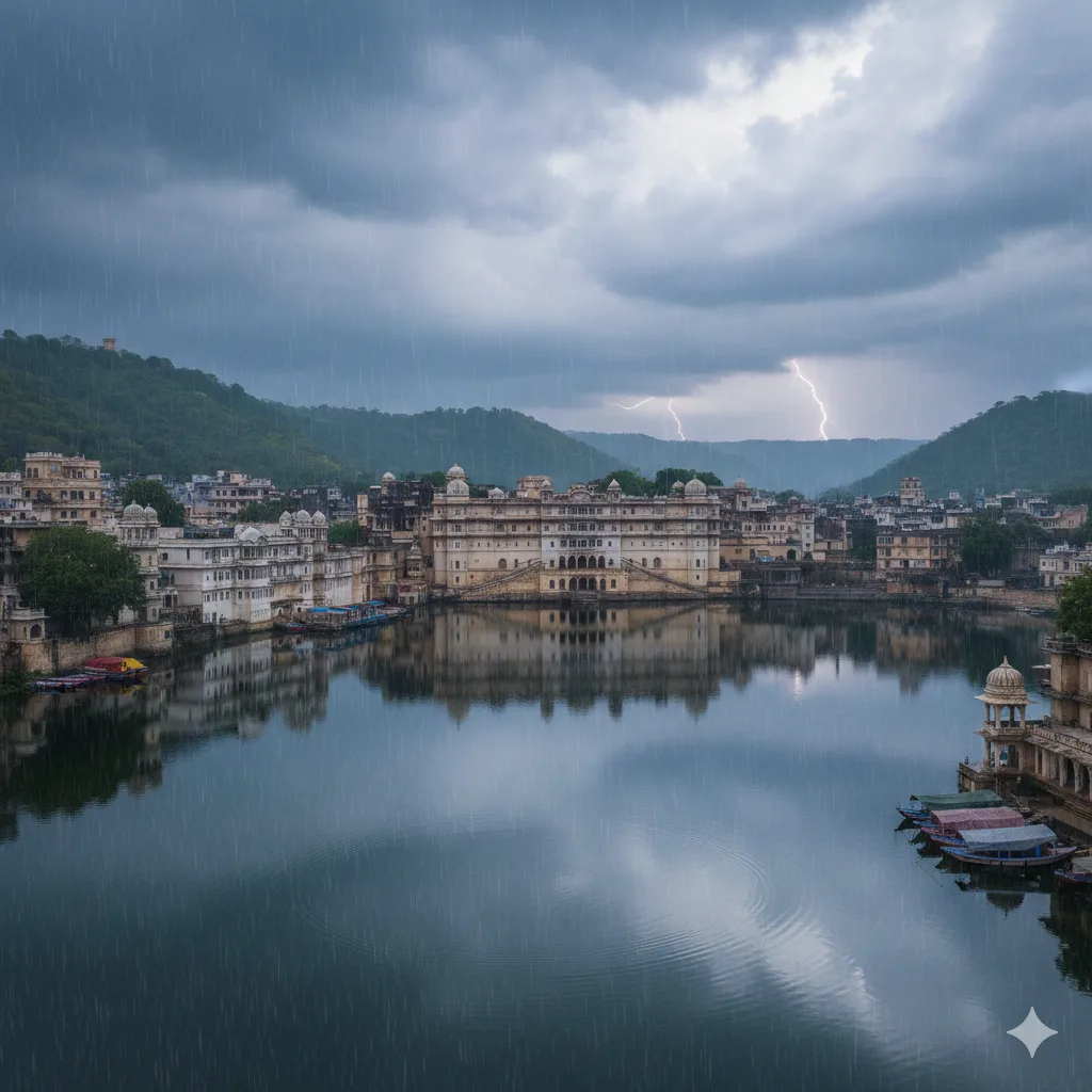 Cinematic aerial view of Udaipur City Palace reflected in a full Lake Pichola during Rajasthan off-season travel monsoon; AI-generated.