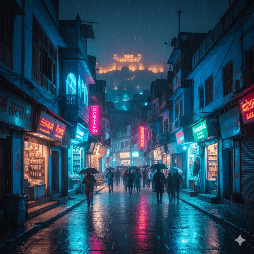 "Vibrant nightlife in Jodhpur Blue City with neon lights reflecting on wet monsoon streets; AI-generated."