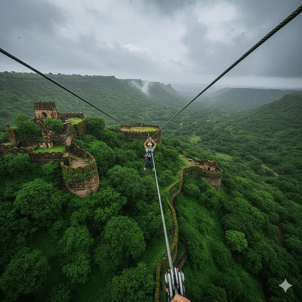 "Adventurous ziplining experience over the lush green forest and fort battlements in Rajasthan; AI-generated." Rajasthan Off-Season Travel