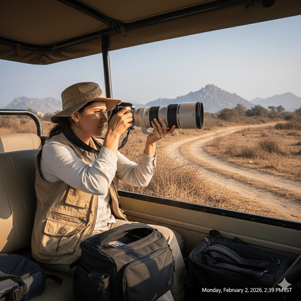 ai generated image: Photographer with telephoto lens in safari jeep, highlighting essential camera gear