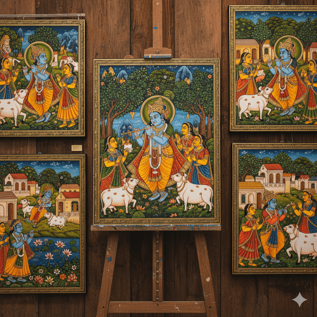 ai generated image of a display of vibrant, intricately detailed Pichwai paintings, showcasing unique shopping items from the region of water sports in Rajasthan