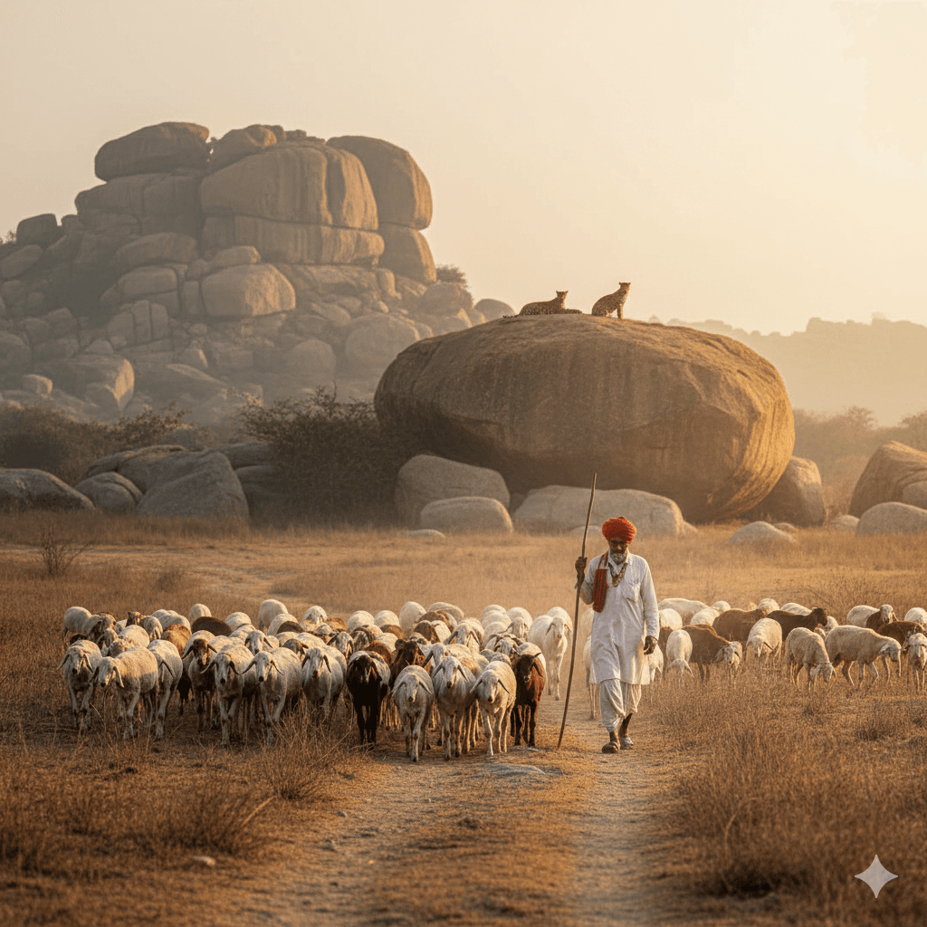 ai generated image: Rabari shepherd tending his flock near granite hills, subtly highlighting the unique human-leopard coexistence during a Jawai Leopard Safari 2026