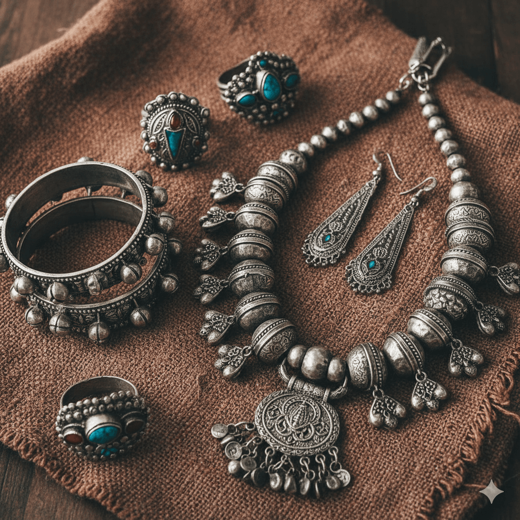 ai generated image: Handcrafted Rabari silver jewelry, a unique souvenir from the Jawai region after a Jawai Leopard Safari 2026