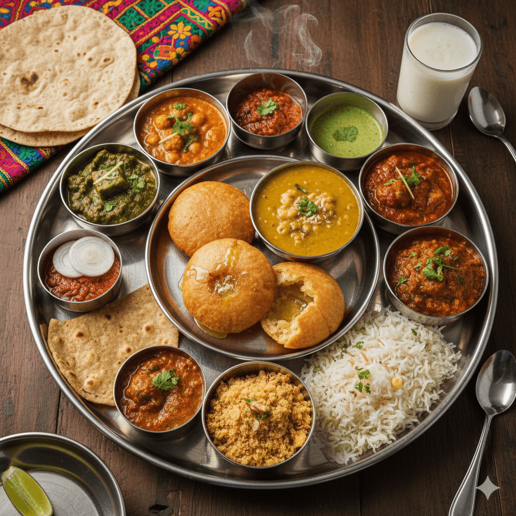 ai generated image of a delicious, colorful Rajasthani Thali with various traditional dishes, perfect for fueling up