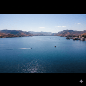 ai generated image of a vast, blue Rajsamand Lake shimmering under the sun, with distant Aravalli hills and faint marble structures on the shore, highlighting water sports in Rajasthan