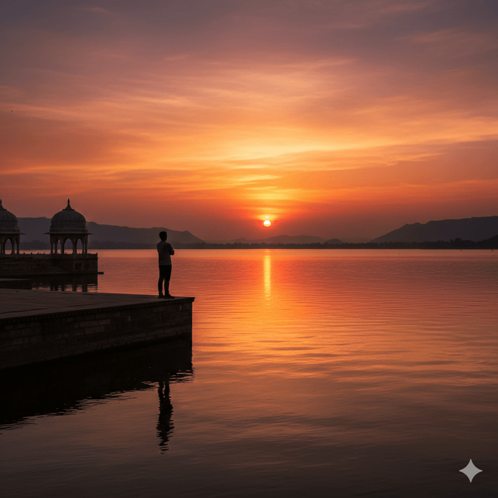 ai generated image of a breathtaking sunset over Rajsamand Lake, with vibrant colors reflecting on the water, summarizing the allure