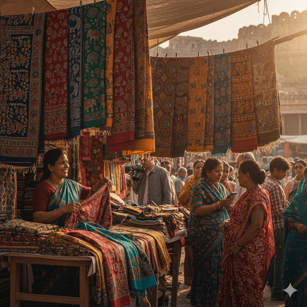 AI generated image of vibrant Rajasthani block-printed textiles in a local market. Sawai Madhopur Travel Guide