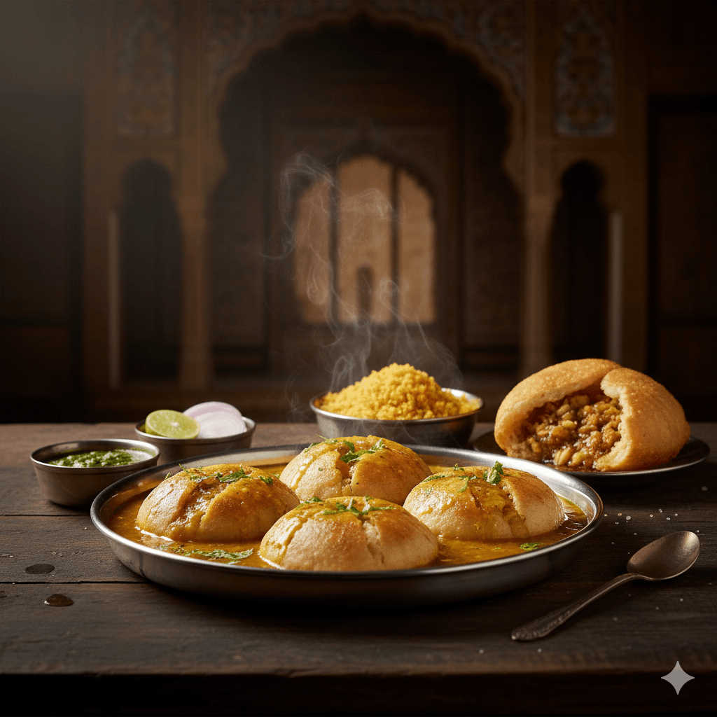 AI-generated food photography of Rajasthani Dal Baati. Pratapgarh Rajasthan Travel Guide