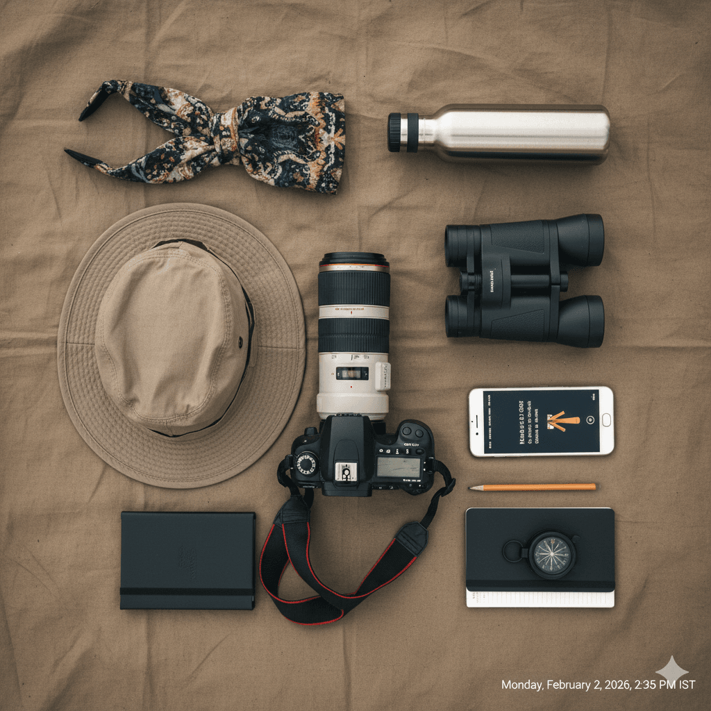 ai generated image: Flat lay of essential safari gear including binoculars and neutral clothing, crucial