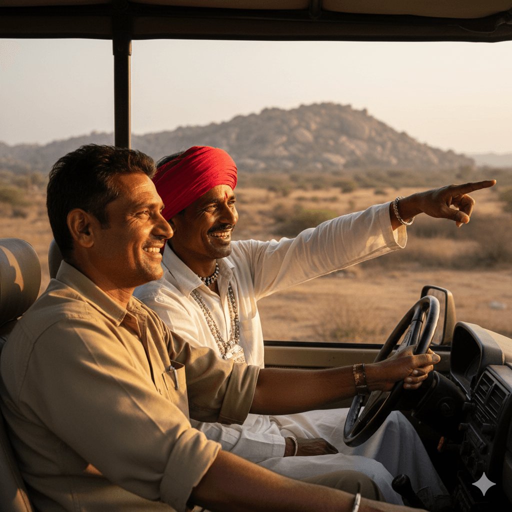 ai generated image: Friendly safari jeep driver and Rabari tracker, representing the expert guidance during your adventure