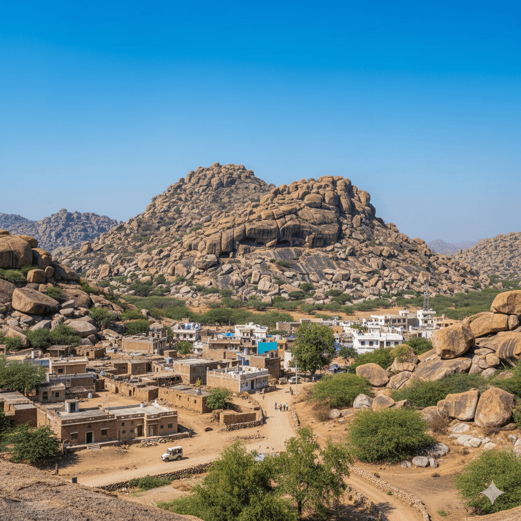 ai generated image: Panoramic view of Sena Village and its granite hills, a prime spot for leopard sightings and scenic views