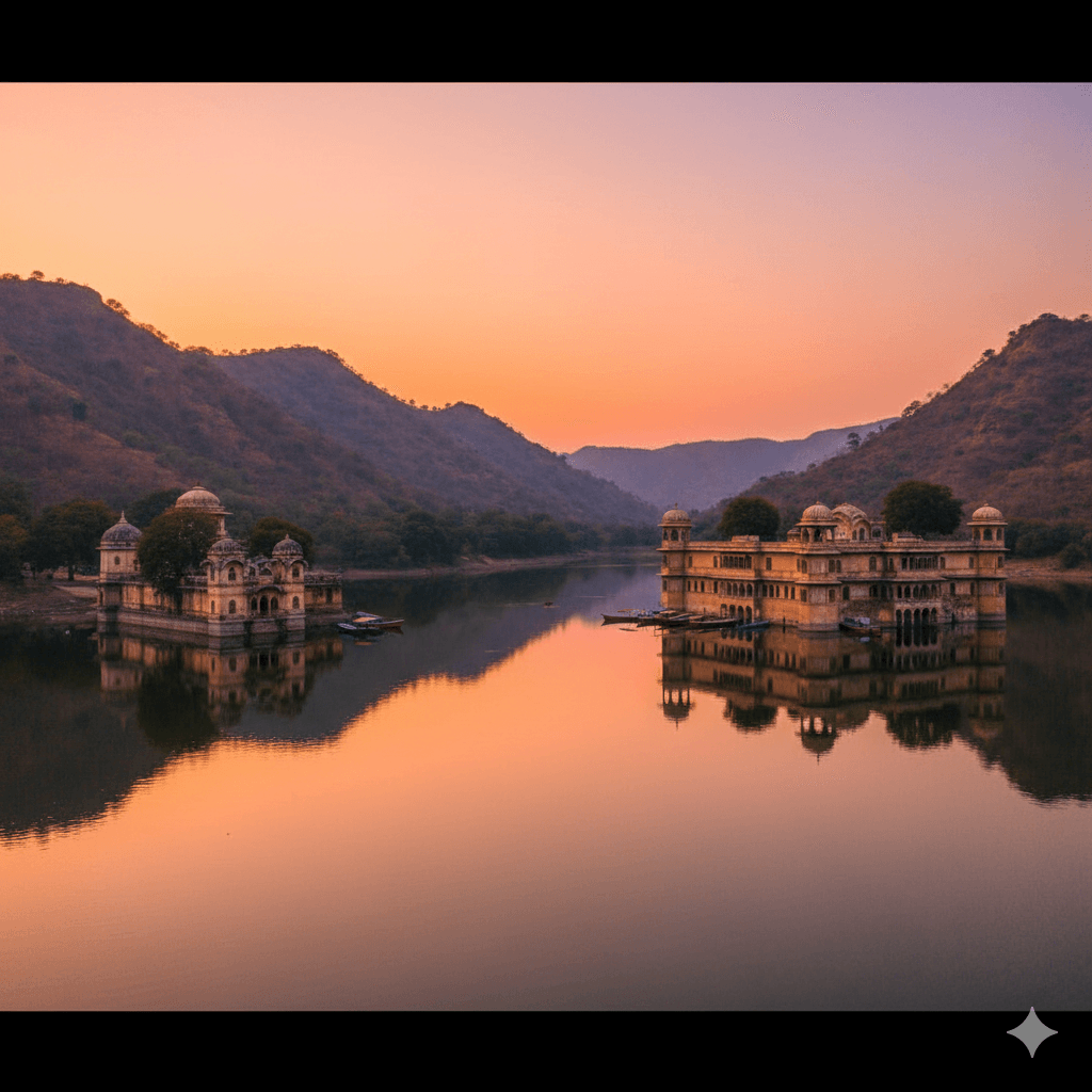 ai generated image of the historic Siliserh Lake Palace bathed in warm sunset light, reflecting on the calm lake, showcasing the royal backdrop for water sports in Rajasthan