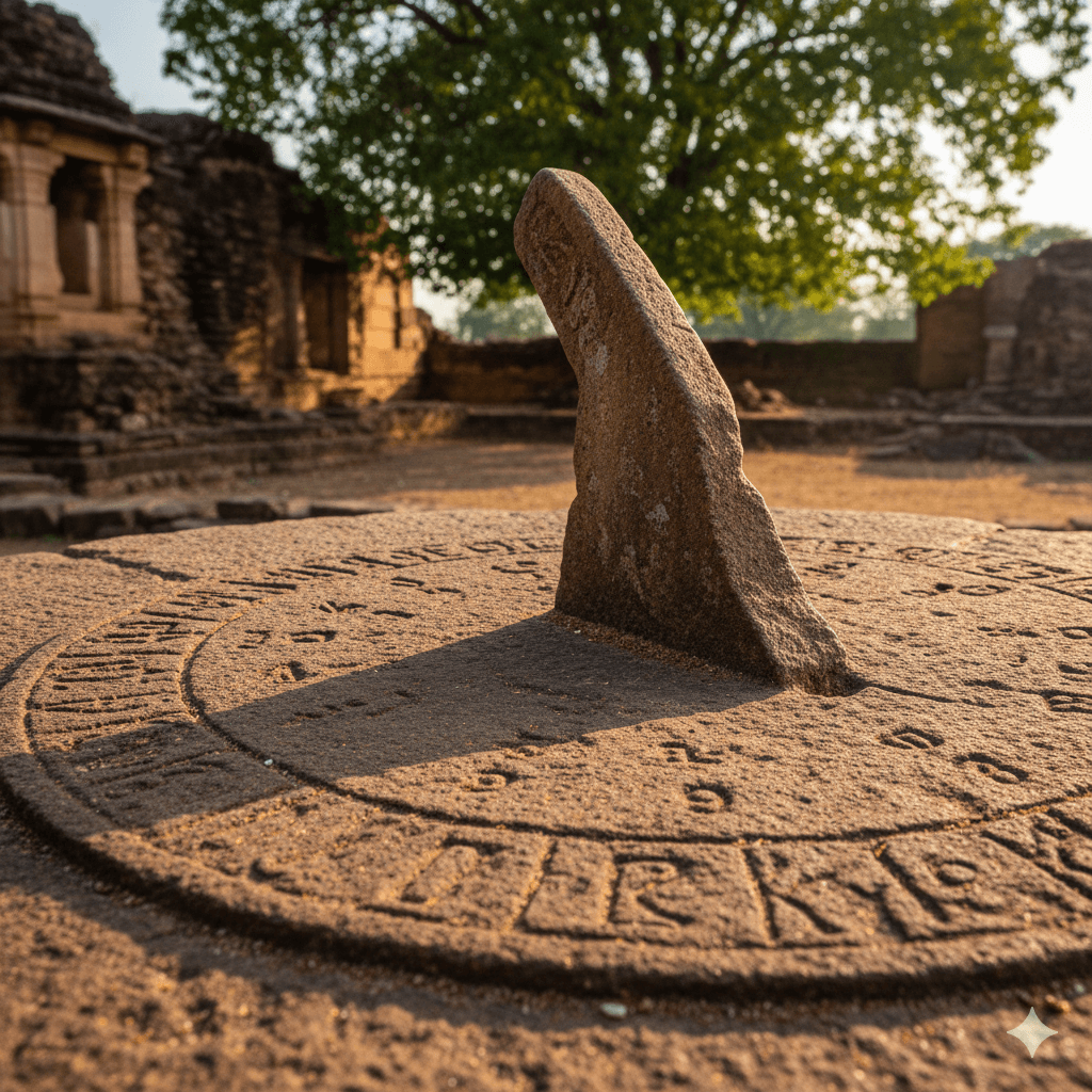 AI-generated close-up of an ancient stone solar clock. Pratapgarh Rajasthan Travel Guide