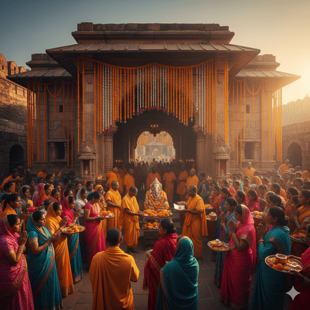 AI generated image of the Trinetra Ganesh Temple entrance inside a stone fort.