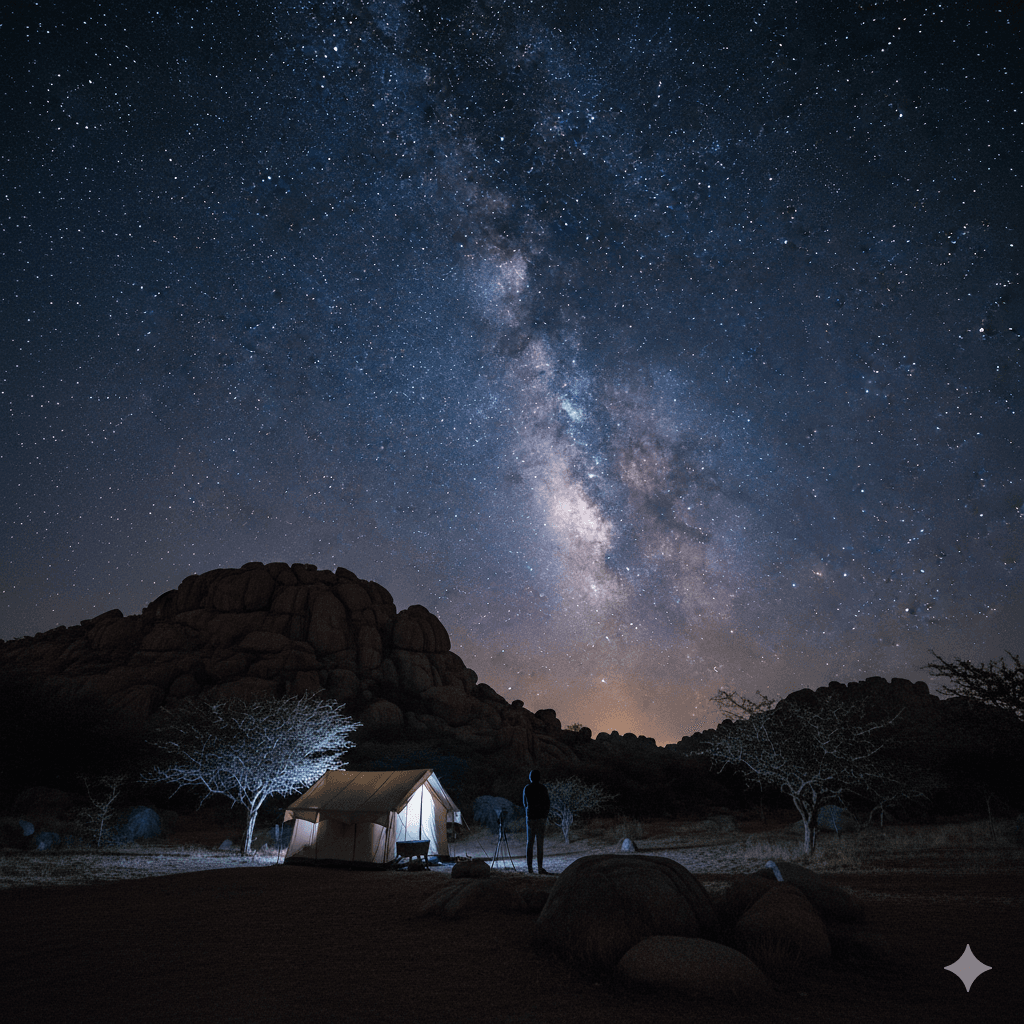 ai generated image: Breathtaking Milky Way visible over silhouetted Jawai granite hills, highlighting the incredible stargazing opportunities