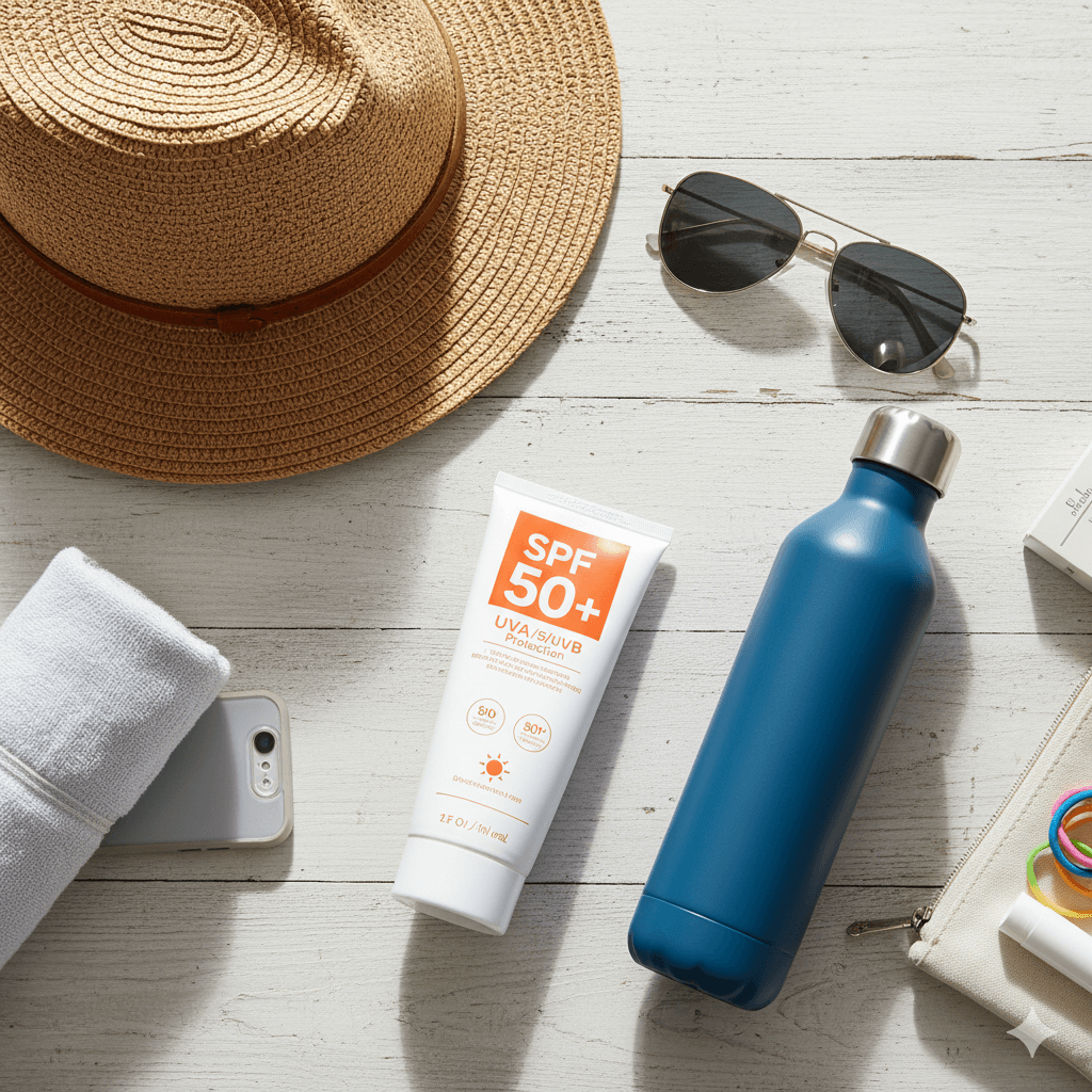 ai generated image of essential travel items including high-SPF sunscreen, a water bottle, and a hat, offering practical advice