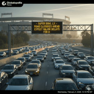 AI generated image of Super Bowl LX travel disruptions 2026