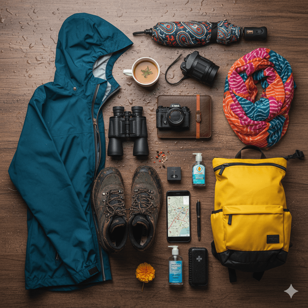 "Professional flat lay of essential travel gear for Rajasthan off-season travel in monsoon; AI-generated."