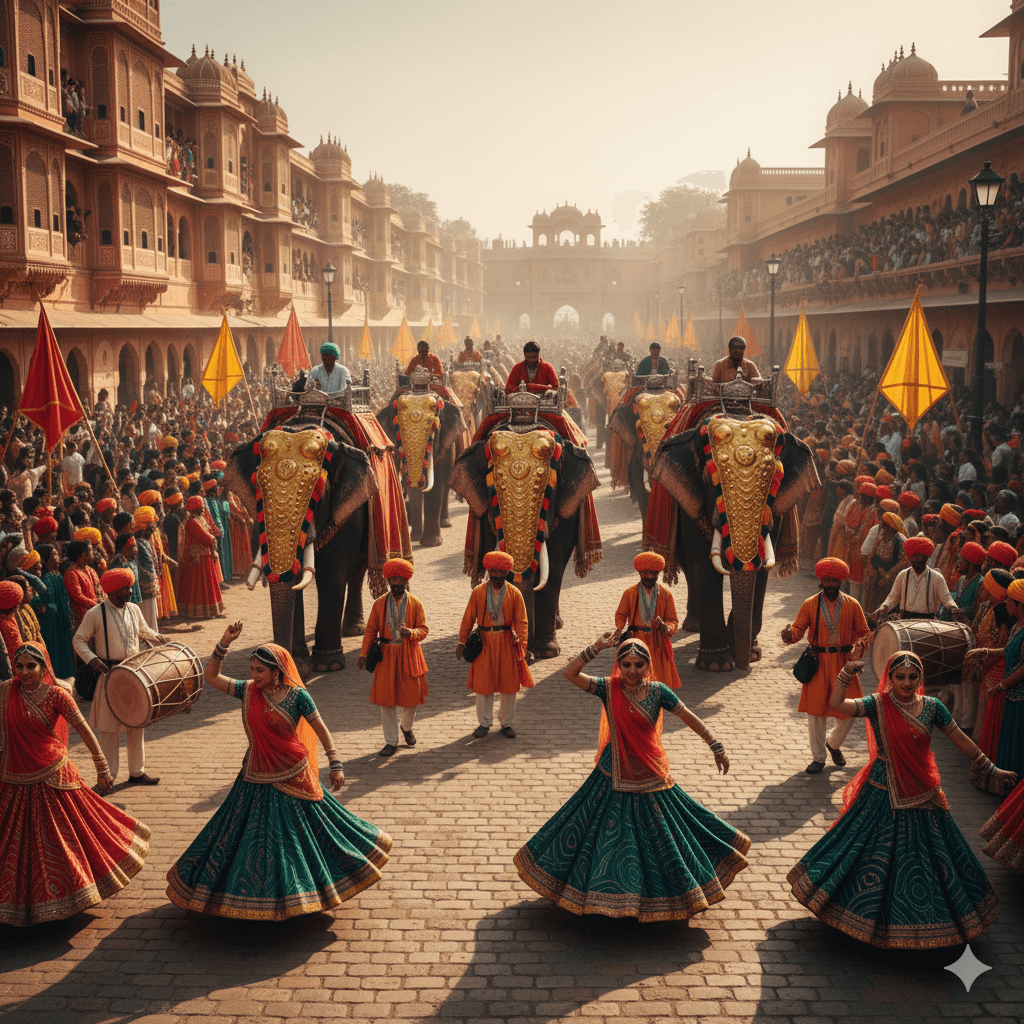 "Grand Teej festival procession in Jaipur with decorated elephants and traditional dancers; AI-generated." Rajasthan Off-Season Travel