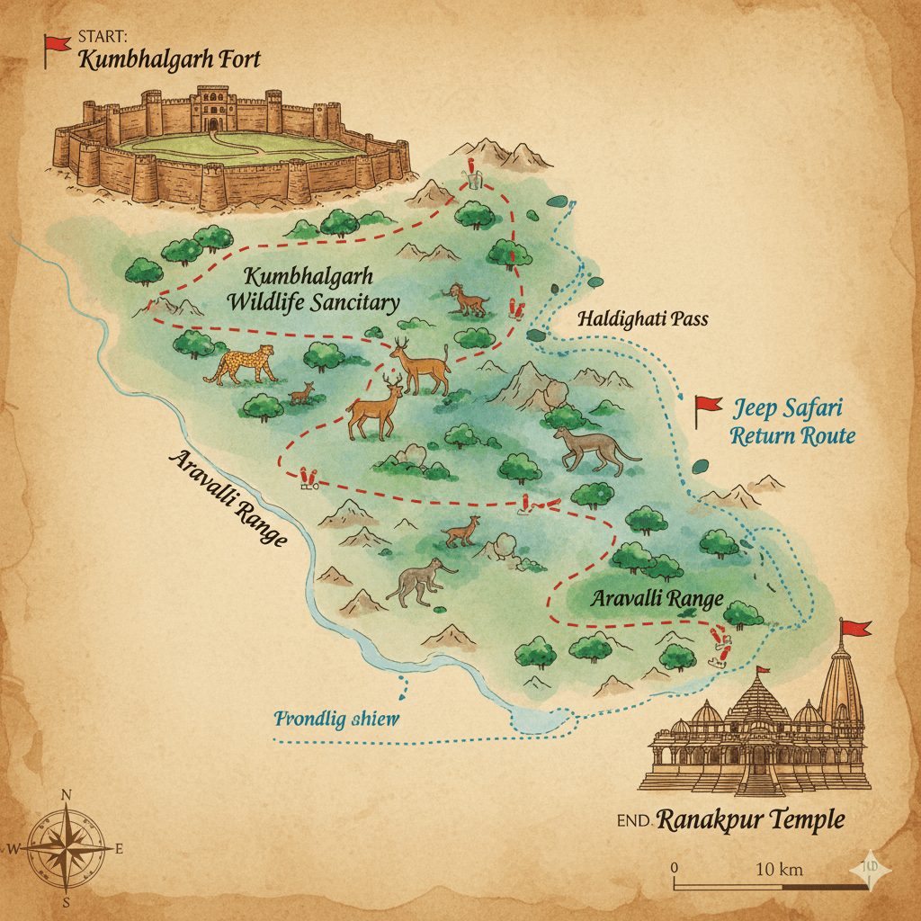 AI generated image of a stylized travel map illustrating the trekking route from Kumbhalgarh Fort to Ranakpur. Trekking Kumbhalgarh to Ranakpur