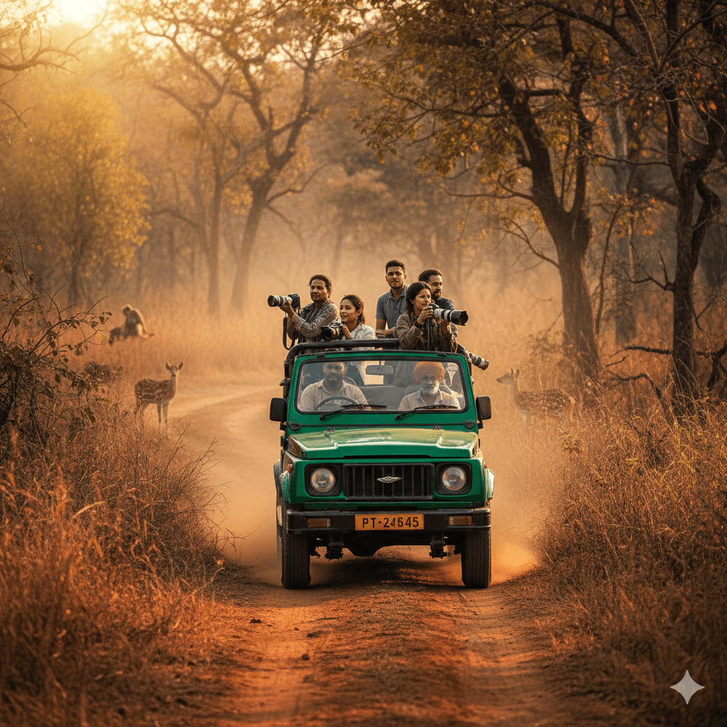 AI generated image of an open safari jeep driving through the Ranthambore jungle at dawn. Sawai Madhopur Travel Guide