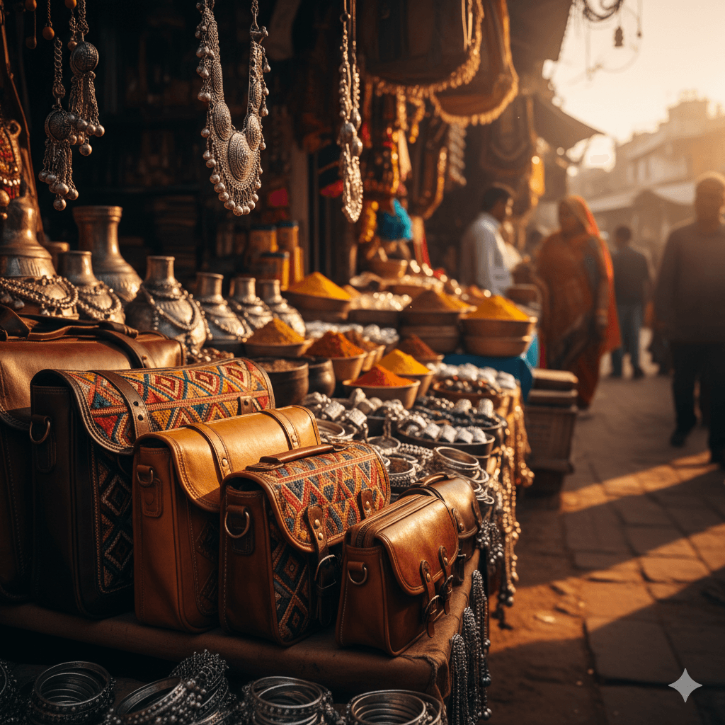 AI generated image of authentic Rajasthani camel leather bags and tribal silver jewelry at a local market stall. Trekking Kumbhalgarh to Ranakpur