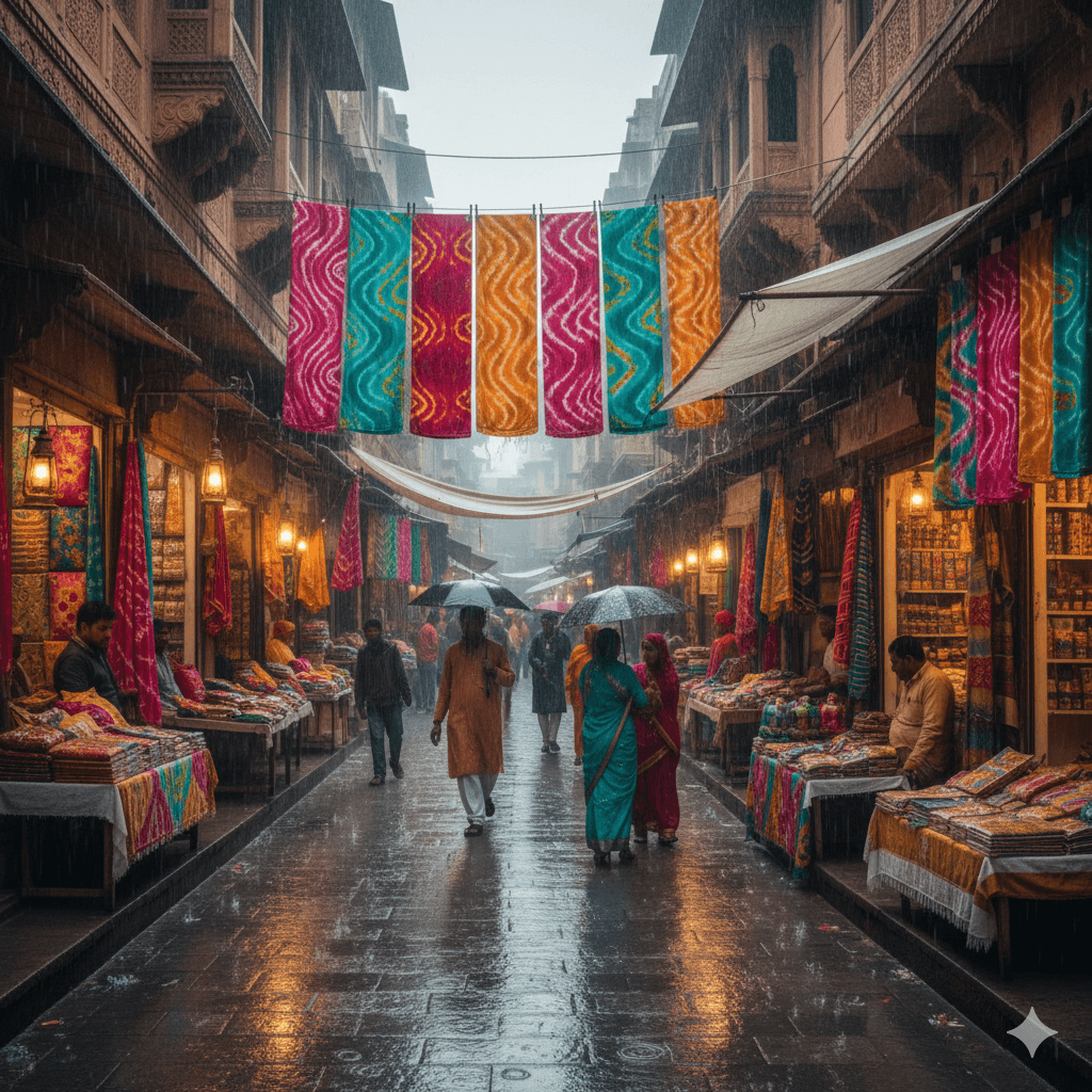 "Traditional Rajasthani market with colorful Leheriya textiles displayed during a monsoon drizzle; AI-generated."