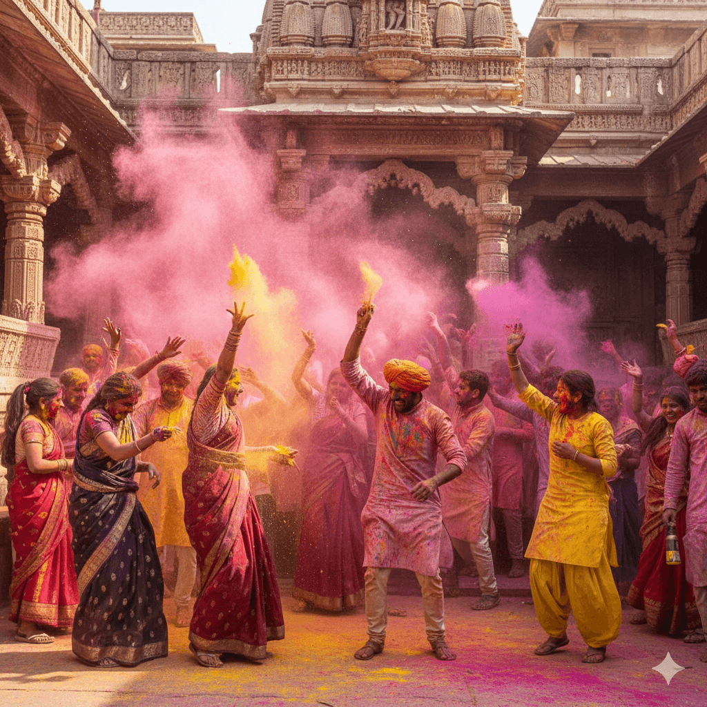 AI-generated image: Vibrant Holi festival celebrations in Pushkar, showing 2026 events and festivals for Rajasthan travelers.