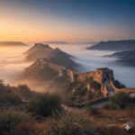 AI generated image of the dawn sun hitting the massive stone walls of Kumbhalgarh Fort in the Aravalli hills.