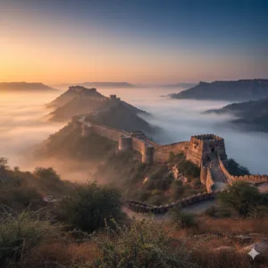 AI generated image of the dawn sun hitting the massive stone walls of Kumbhalgarh Fort in the Aravalli hills.