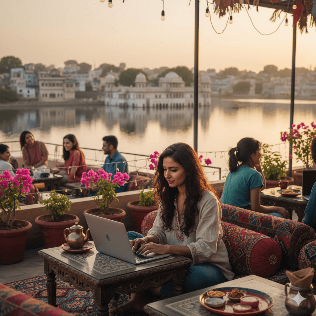 AI-generated image: Digital nomad working at a rooftop cafe in Udaipur, illustrating the laptop-friendly vibe of Zostel Rajasthan locations.