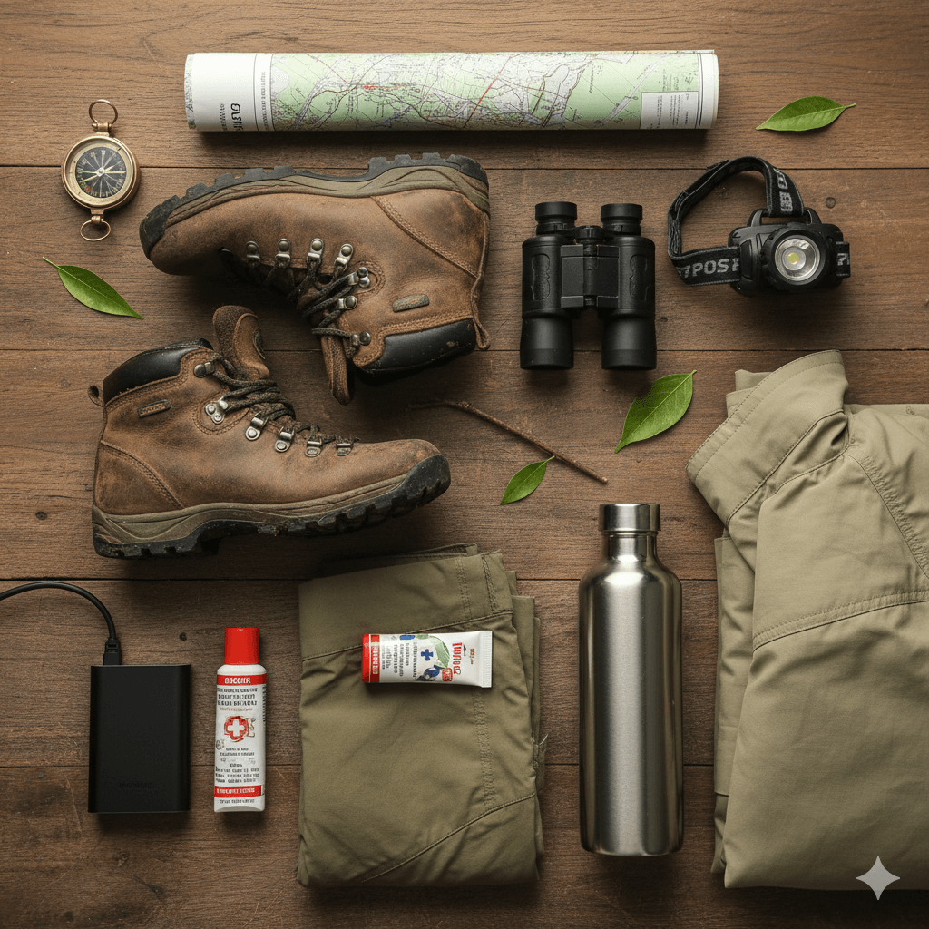AI-generated flat-lay of adventure travel gear.