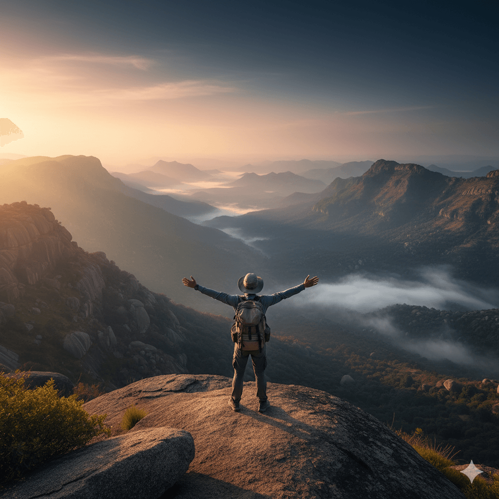 AI generated image of a solo hiker standing on a high altitude granite cliff looking over the Aravalli mountain range.