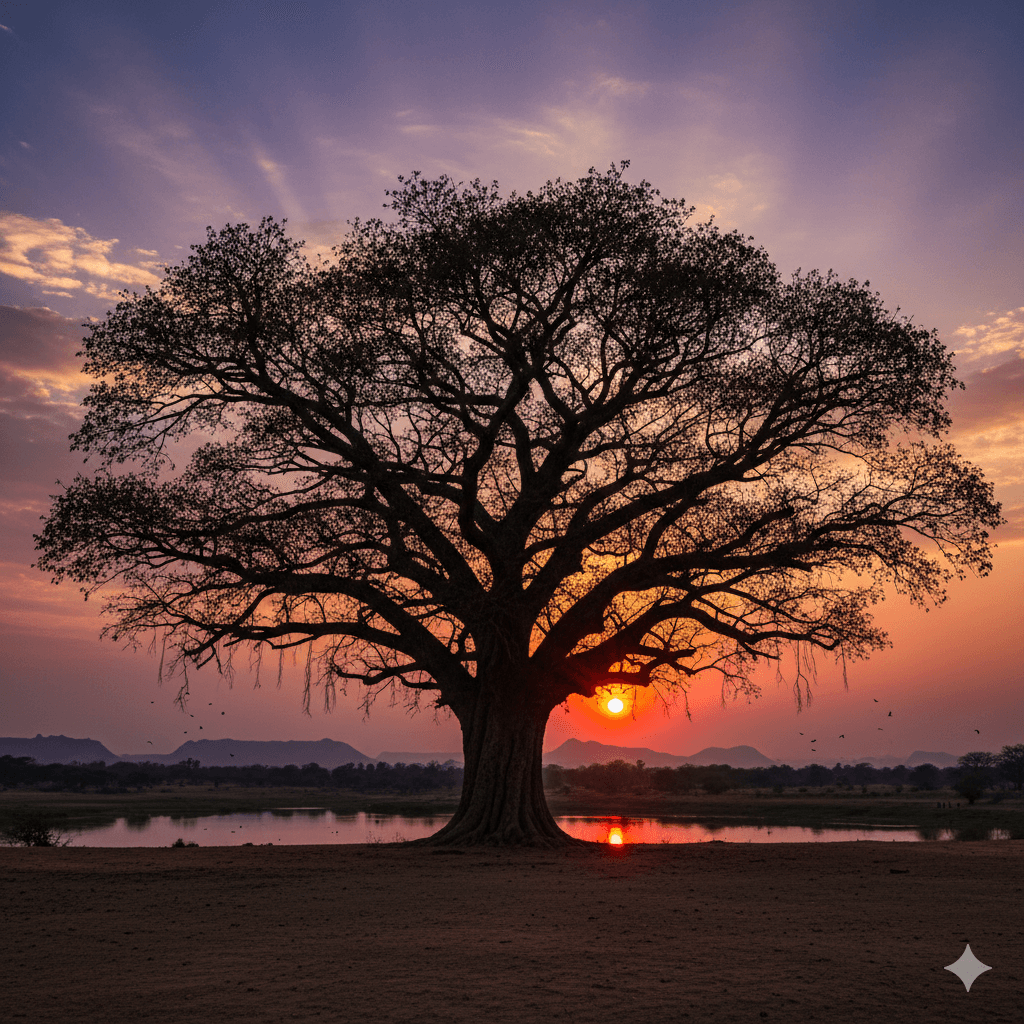 AI generated image of a scenic sunset over a lake in the Aravalli hills of Rajasthan. Sawai Madhopur Travel Guide