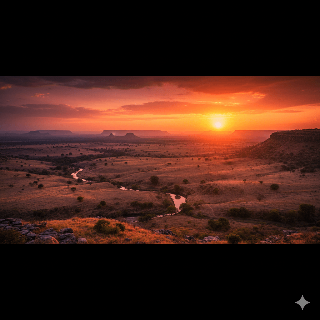 AI-generated panoramic sunset over the Malwa Plateau.