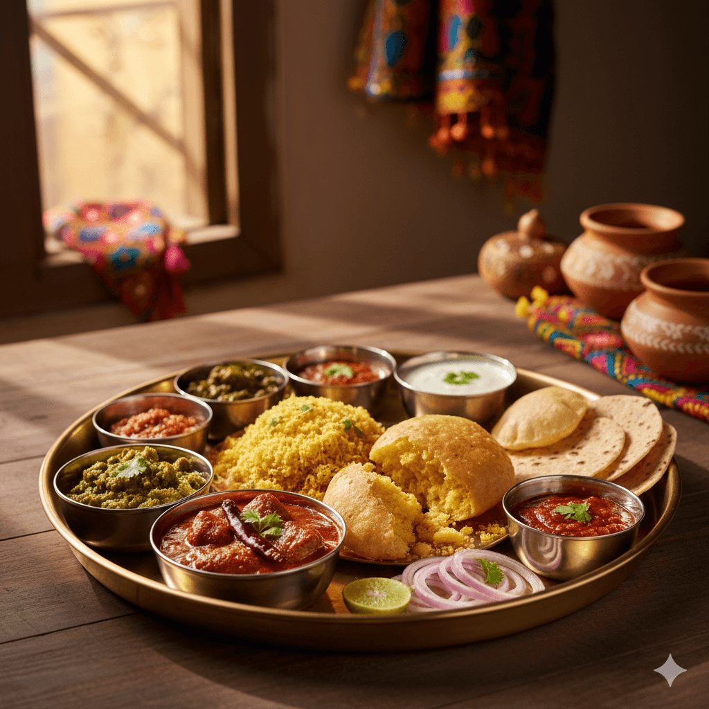AI generated image of a Rajasthani Thali featuring Laal Maas and Dal Baati Churma.